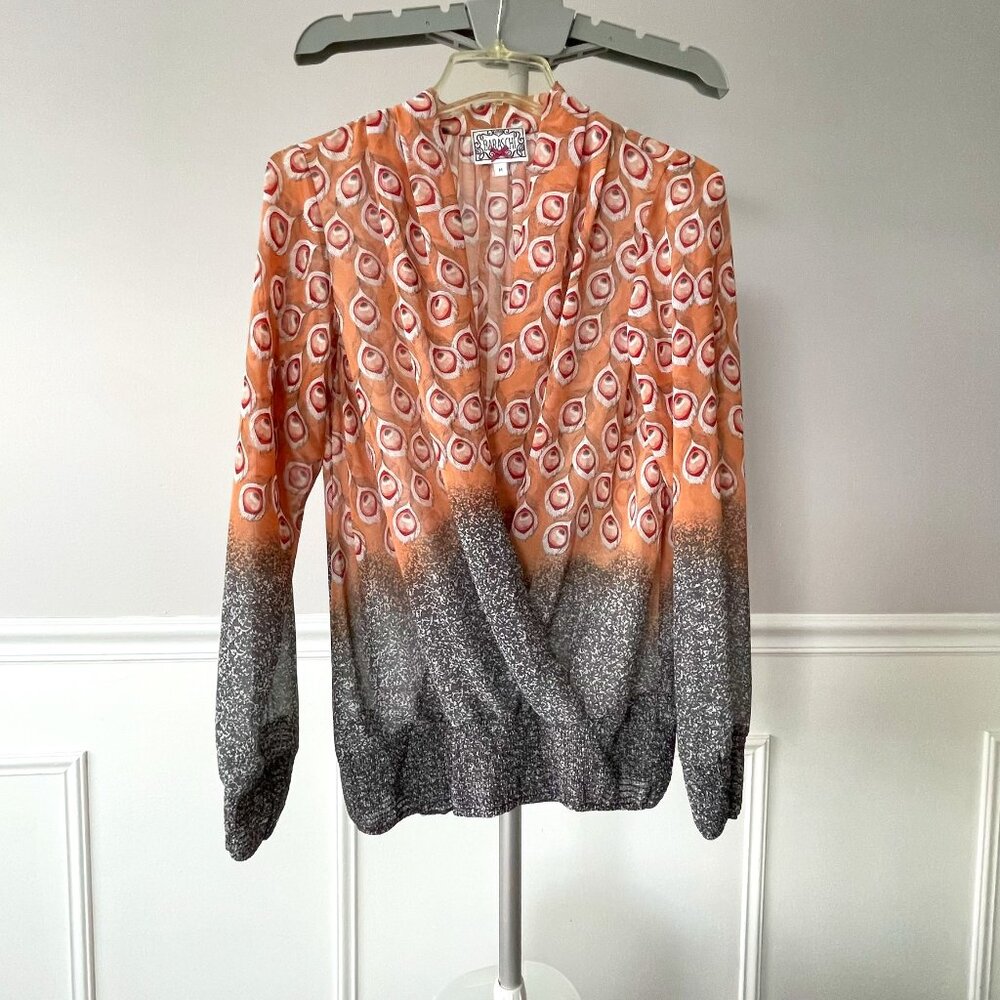 Baraschi Mixed Peacock Print Surplice Neckline Blouse Black Peach and Red
